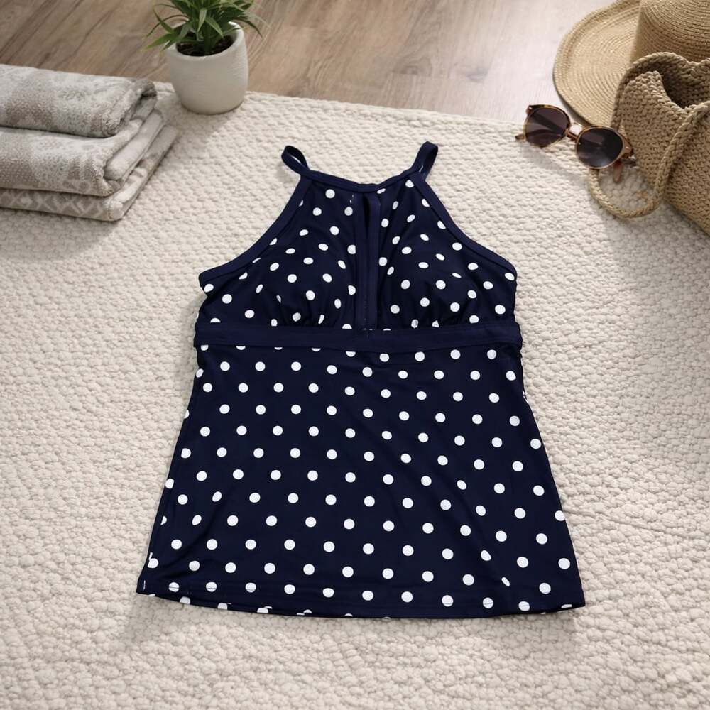 Lands’ End Navy Polka Dot High Neck Keyhole Tankini Top Size 4